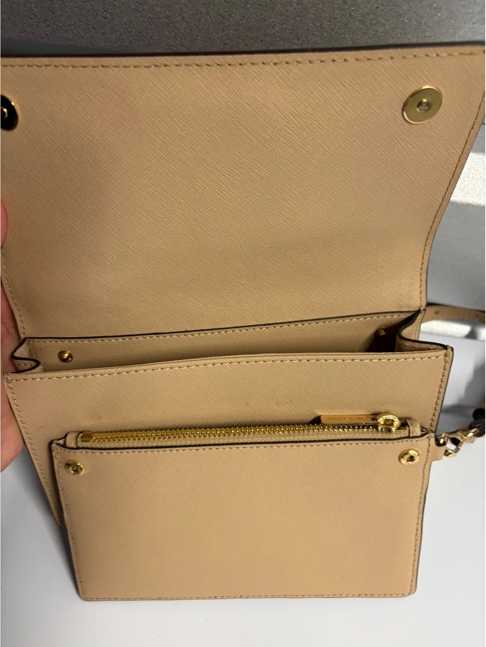 Michael Kors Beige Leather Crossbody Bag with Gold Chain Strap